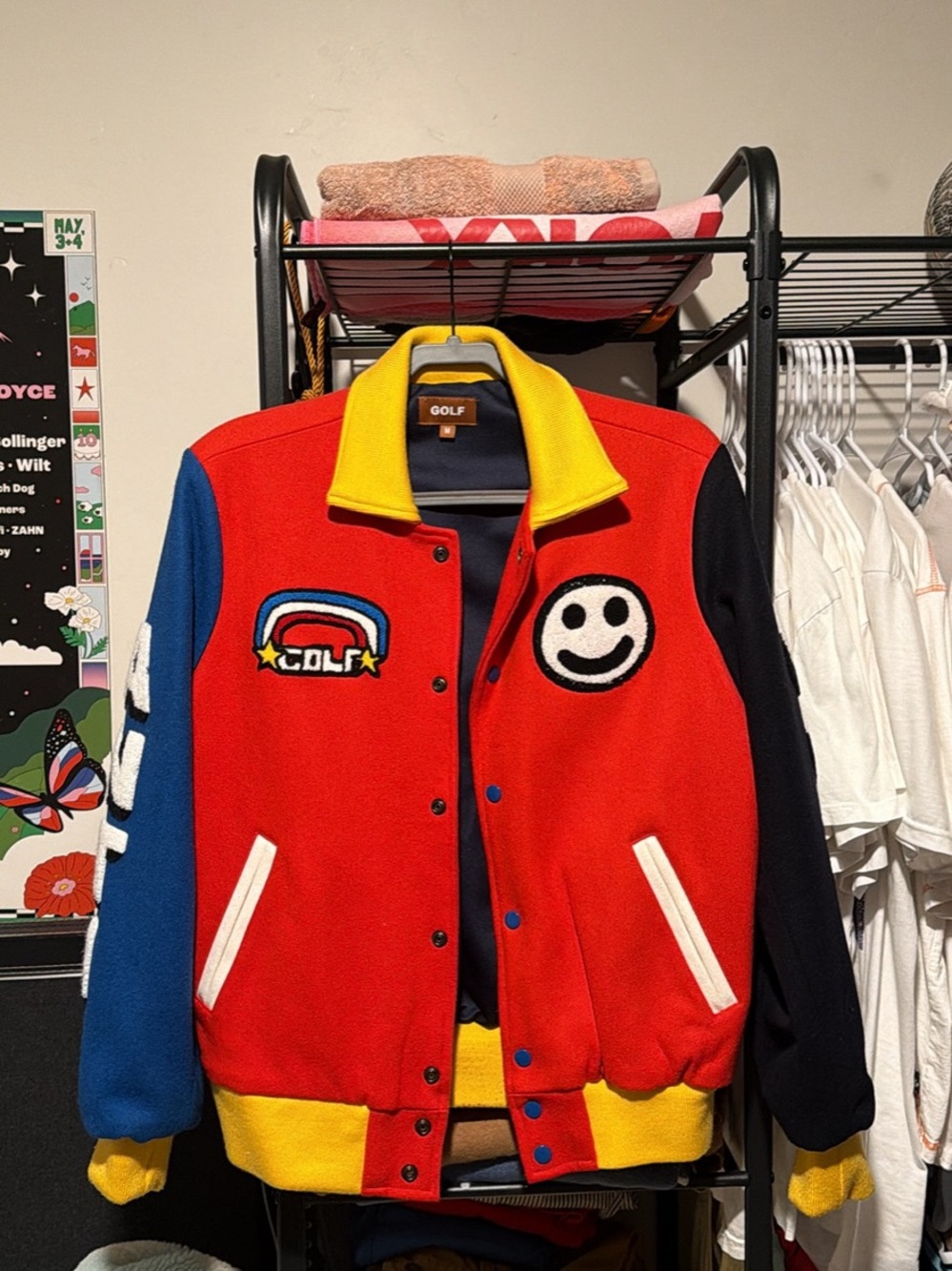 Golf Wang Red, Blue & Yellow Colorblock Varsity Jacket